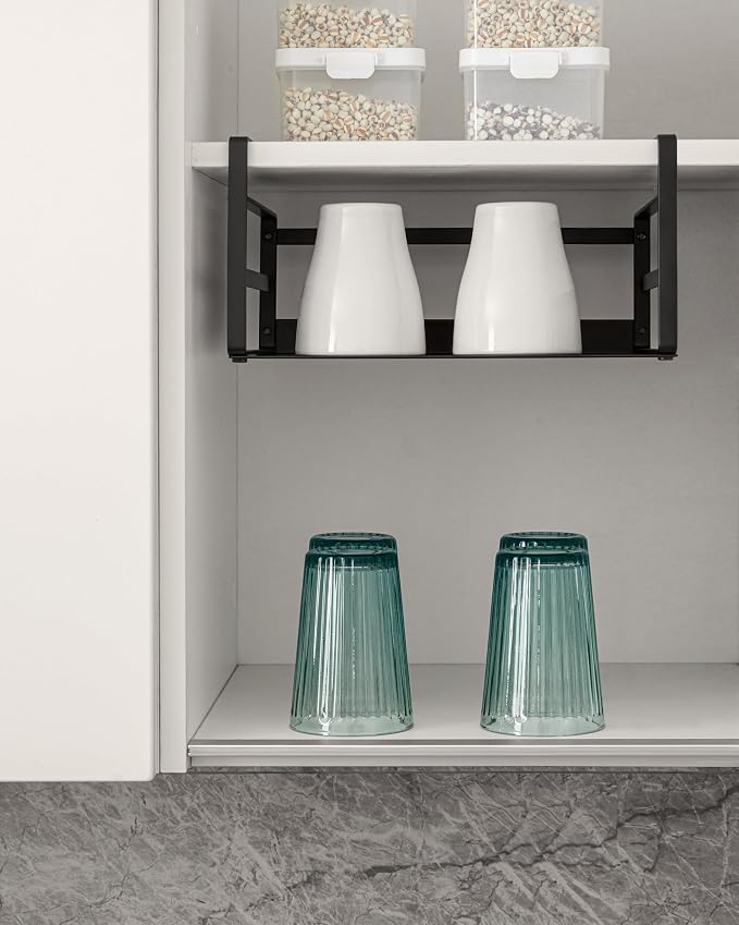 Nxconsu Under Shelf Basket 2 Pack, Cabinet Storage Organizer, 11" Black | Solid Metal Bottom Holds Up to 15 lb with No Drilling for Kitchen Cupboard Pantry Bookshelf Closet Laundry and Bath - Image 6