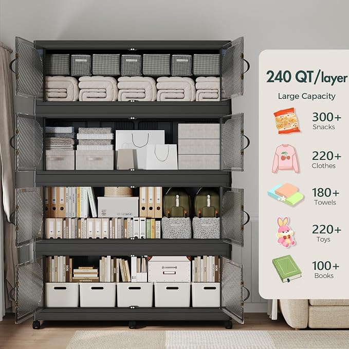 1200QT Extra Large Stackable Storage Bins with Lid, 300Gal Plastic Closet Organizers and Storage Drawer, Collapsible Cabinet Box with Wheels Clear Doors for Home Kitchen Garage, 5Pack Black - Image 3