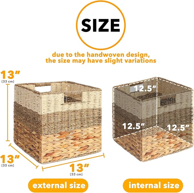 SpaceAid 4 Pack 3 Pattern Design Wicker Basket, Baskets for Organizing, Storage Rattan Basket with Handles for Shelves, Woven Cube Storage Bin Organizer, 13x13x13 inch, Natural - Image 3