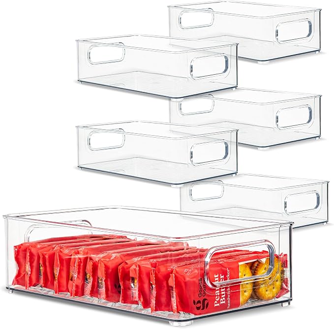 primebox 6 Pack Clear Plastic Organizing Container with Integraged Handles for Home Organization for Kitchen, Pantry, Fridge, Freezer, Cabinet,Bathroom, Stackable. 10"x6"x3" by primebox