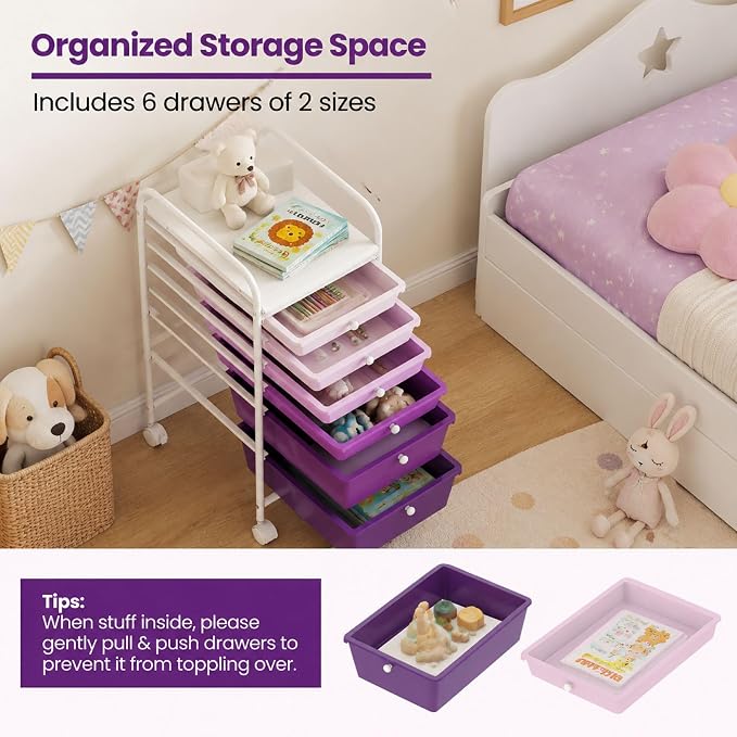 GOFLAME 6-Drawer Rolling Storage Cart, Multifunctional Art Craft Organizer Cart, Mobile Utility Storage Cart with Removable Drawers & Lockable Wheels, Craft Cart for Home Office, Purple Gradient - Image 6