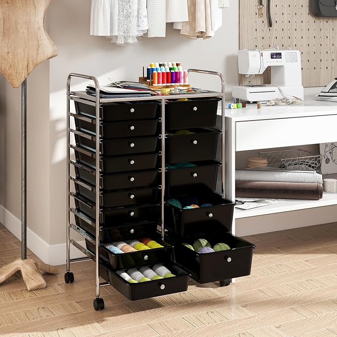 DREAMADE 15-Drawer Rolling Storage Cart, Mobile Craft Cart, Black | Utility Organizer with Lockable Wheels, Removable Plastic Drawers and Metal Frame for Home Office, Classroom and Studio - Image 8
