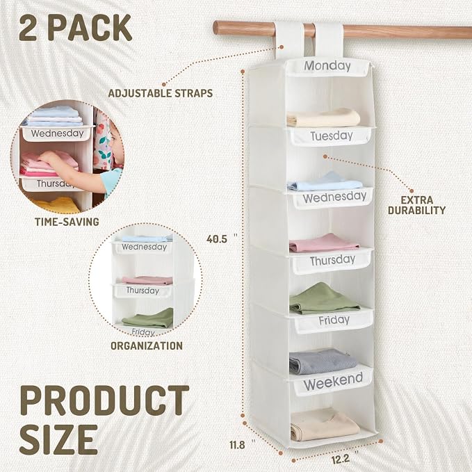 Sintuff 2 Pcs Heavy Duty 6 Shelf Weekly Hanging Closet Organizer for Kids Days of Week Clothing Organization Labeled Monday to Friday Clothes Divider for Weekday Weekend School Outfits - Image 2