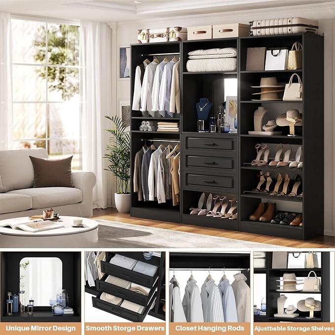 Unikito 75" Modular Closet System with 3 Sets, Mirror & Drawers, Black | Hanging Rods & Adjustable Shelves, Freestanding Wood Wardrobe Garment Rack, Walk in Tower Clothes Storage Organizer Unit - Image 3