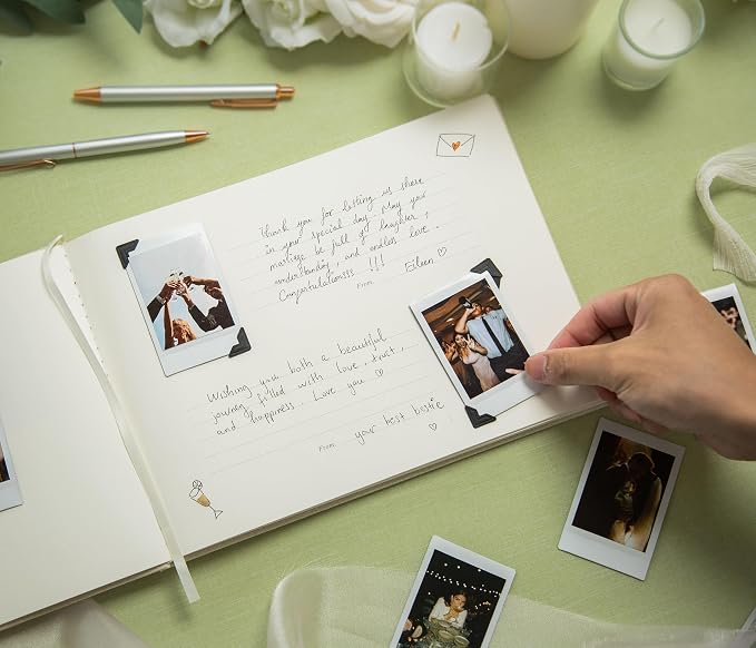 Linen Photo Guest Book (Cream) - 11.5" x 8.5" Large Hardcover Sign In Book | w/ 120 Photo Corner Stickers | Ivory Photo & Message Book for Baby Shower, Retirement, Memorial, Birthday, Graduation Party - Image 6