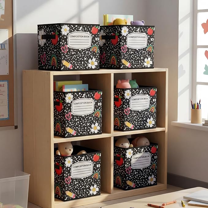 6 Pcs 11 Inch Composition Notebook Fabric Storage Cube Bin with Handle Foldable Composition Classroom Container Cubby Basket Bin for Back to School Decoration Office Home Nursery Organizer - Image 4