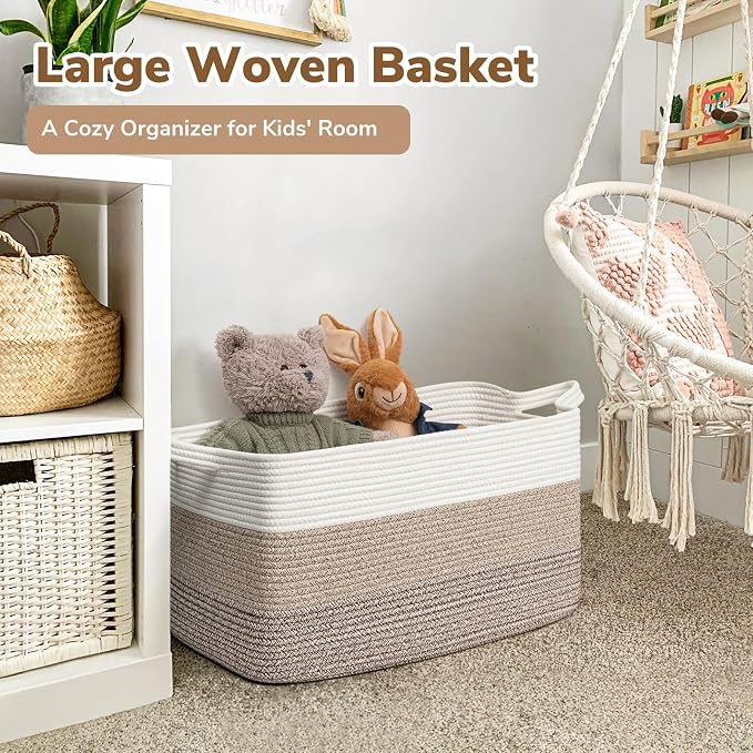 Goodpick Large Woven Rope Blanket Basket, Rectangle, Light Brown | 21.6'' x 14.9'' x 11.8'' Storage Basket for Toys, Blankets & Clothes, Living Room & Nursery Organization, Reinforced Handles - Image 2