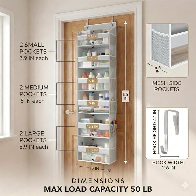 Over the Door Organizer, 6-Tier, 100D Fabric, Light Gray 1pc | Over the door shoe organizer, 50 lbs capacity, 12 side mesh pockets, 100D extra thick fabric, Closet & entryway storage - Image 3