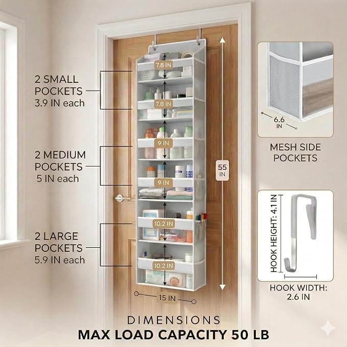 Over the Door Organizer, 6-Tier, 100D Fabric, Light Gray 2pc | Over the door shoe organizer, 50 lbs capacity, 12 side mesh pockets, 100D extra thick fabric, Closet & entryway storage - Image 2