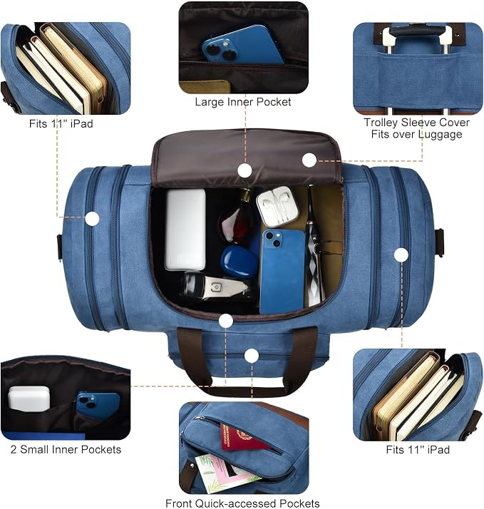 Litvyak 50L Canvas Duffle Bag for Travel Weekender Gym Overnight Carry-on | Expandable, Eco Certified, Leather Accents, Toiletry Bag Inclued, Travel Duffel Weekend Luggage Bag for Women Men, Blue - Image 4