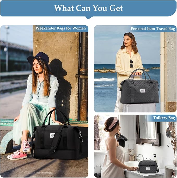 Weekender Bags for Women,Personal Item Travel Bag with Shoes Compartment | Overnight Travel Duffel Bag with Grid Travel Set,Carry-On Bag,3 Pcs Set,Extra Large - Image 8