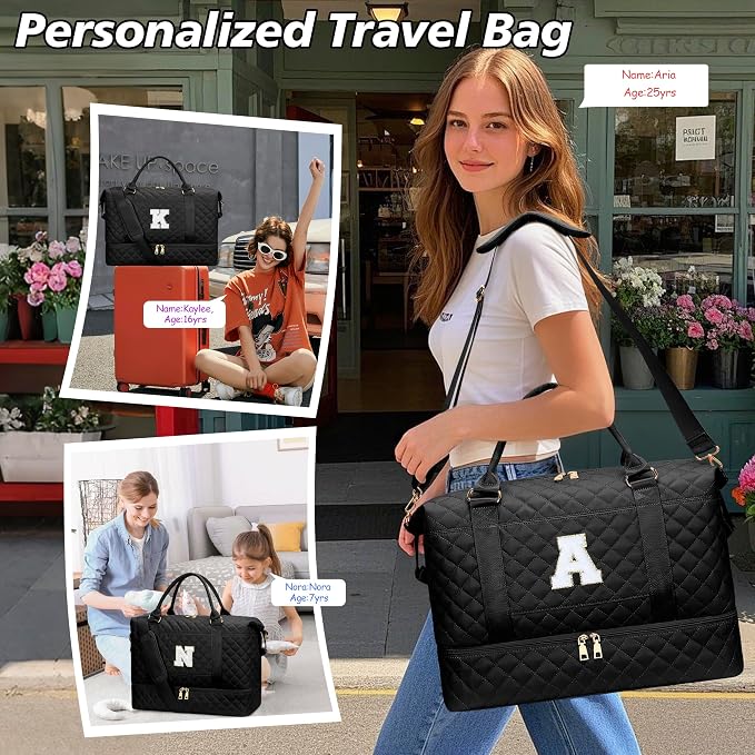 Women Gifts Travel Duffle Bag Initial Overnight Bags(Black,N) | Travel Gifts for Women-Overnight Bags with Toiletry Bag-Weekender Bags with Shoe Compartment for Travel - Image 4
