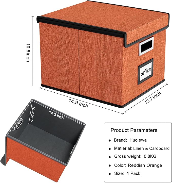 File Organizer Box with Lids, Collapsible File Folder Organizer | File Box with Plastic Slides for Document, Filing Bin for Letter Size Hanging File Folders (1 Pack, Reddish Organge) - Image 6
