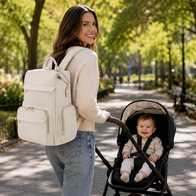 Large Capacity Diaper Bag Backpack with Changing Pad, Waterproof Baby Travel Backpack for Parents-Beige - Image 2