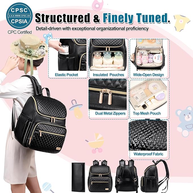Diaper Bag Backpack Leather Baby Diaper Bag with Changing Pad Travel Diaper Backpack,Baby Bag for Mom,Stroller Straps,5 Insulated Pockets (Black Leather) - Image 5