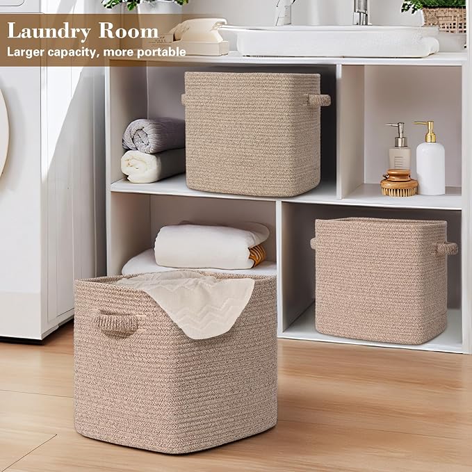 15×13 Inch Storage Cubes, 3 Pack Cube Storage Bins for Organizing, Cotton Rope Woven Baskets for Shelves, Bathroom, Kids Room, Closets, Baby Nursery - Image 8