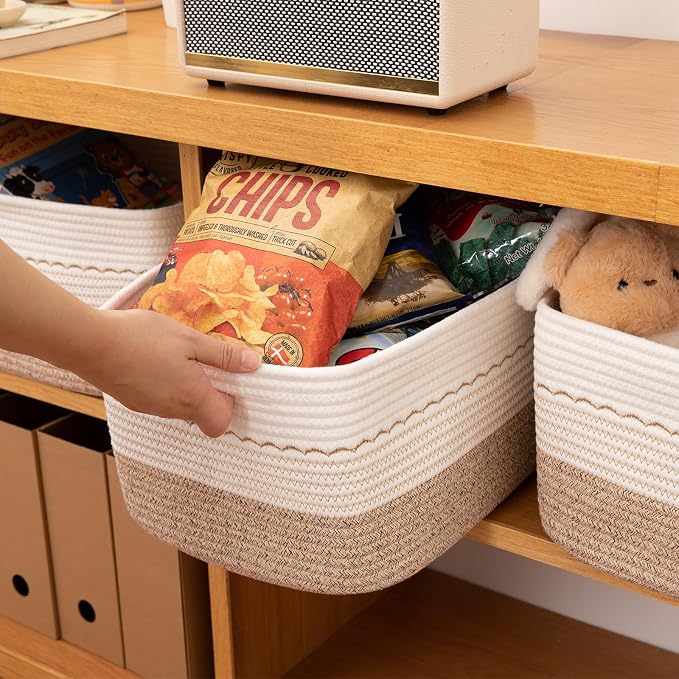 OIASKET 4 Pack Storage Baskets for Organizing, 15.75''x11.8''x7.87'', Decorative Cotton Rope Baskets for Shelves, Small Woven Basket for Toys, Books and Towels, Brown&White - Image 5