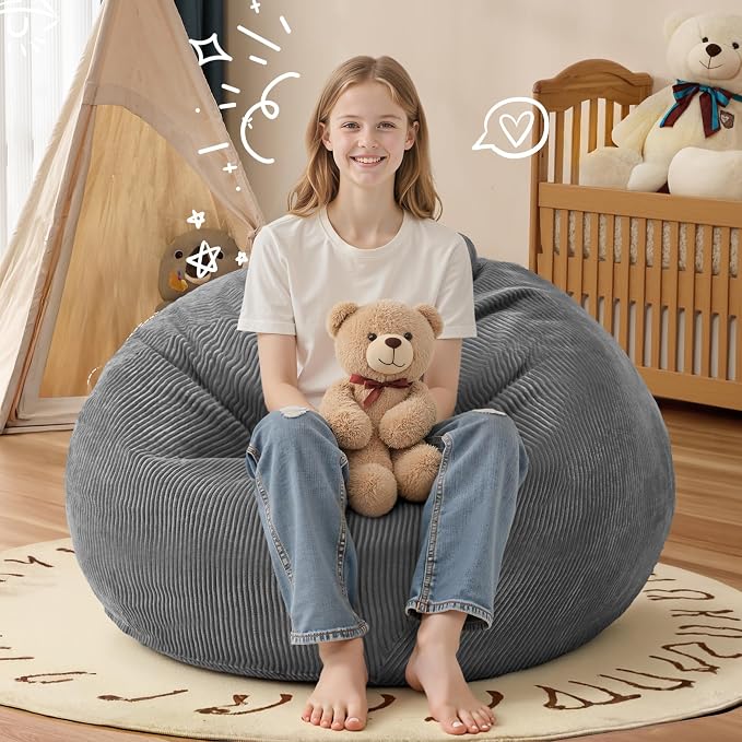 2.5FT Bean Bag Chair,Teardrop Bean Bags with Memory Foam Filled | Beanbag Chairs with Handle,Teardrop Bean Bag Sofa with Corduroy Machine Washable Cover for Living Room,Bedroom-Grey - Image 6