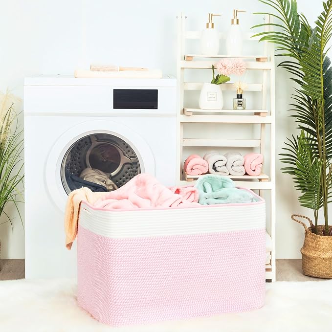 112L Extra Large Blanket Basket Holder Living Room, 25"x17"x16" Rectangle Rope Woven Storage Basket with Handles for Laundry, Towels, Shoes, Dog Toy Organizer Bin Box, Light Pink - Image 4