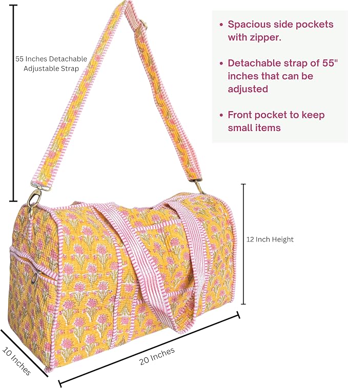 ATOSII Handblock Print 100% Cotton Large Quilted Duffle Bag for Overnight Trip, Travel Weekend Bag, Gym, Luggage, 2 Pockets with Zipper, 1 Front Pocket, Detachable Long Strap, 20 X 10 X 12 Inches, Sol - Image 2