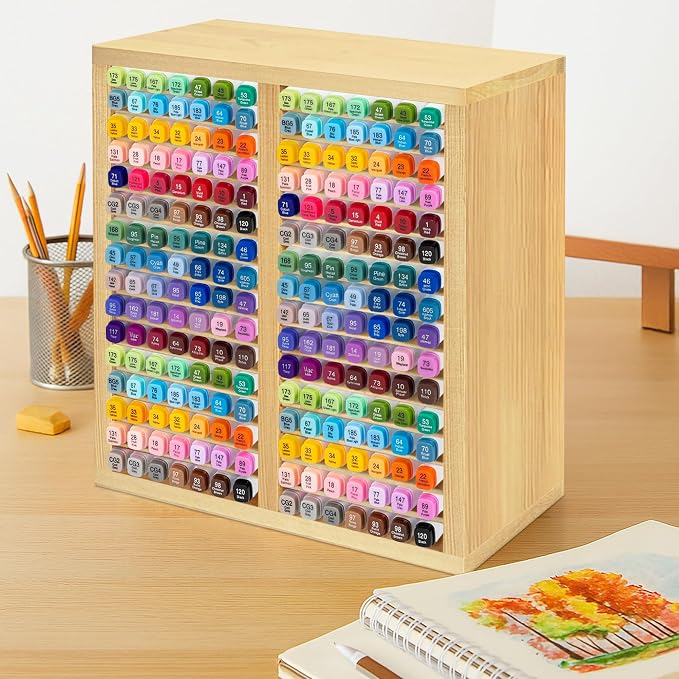 PROLEE Marker Organizer for 224 Markers, Wooden Alcohol Marker Holder with 32 Compartments, Horizontal Art Pen and Pencil Storage Rack for Desk, Classroom and Studio, Natural - Image 2
