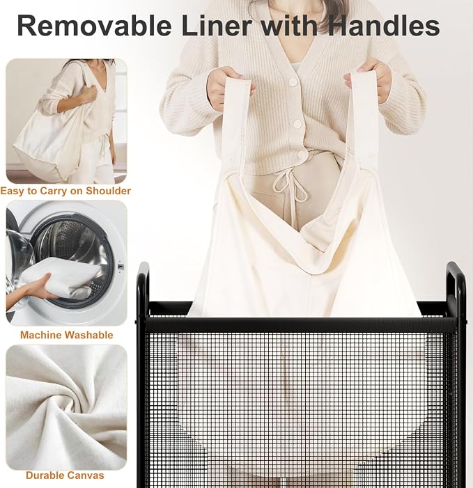 WOWLIVE Rolling Laundry Hamper 3 Section, 120L Laundry Basket with Wheels | Laundry Sorter with Metal Handle and Removable Bag, Clothes Hamper for Laundry Room, Bathroom and Dorm, Beige - Image 3