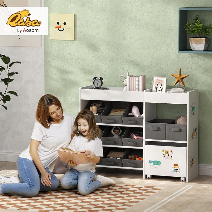 Qaba Toy Storage Organizer with 6 Shelves and 11 Fabric Bins, White | Moveable Toy Storage Cabinet, 3 Stickers, Kids Bookcase, Nursery, Playroom, Bedroom - Image 2