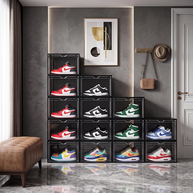 X-Large Clear Stackable Shoe Storage Box 8 Pack, Drop Side Shoe Organizers | Fits US Size 13 Sneakers Storage, Hard Plastic Shoe Containers with Magnetic Drop for Closet Storage and Sneaker Display - Image 6