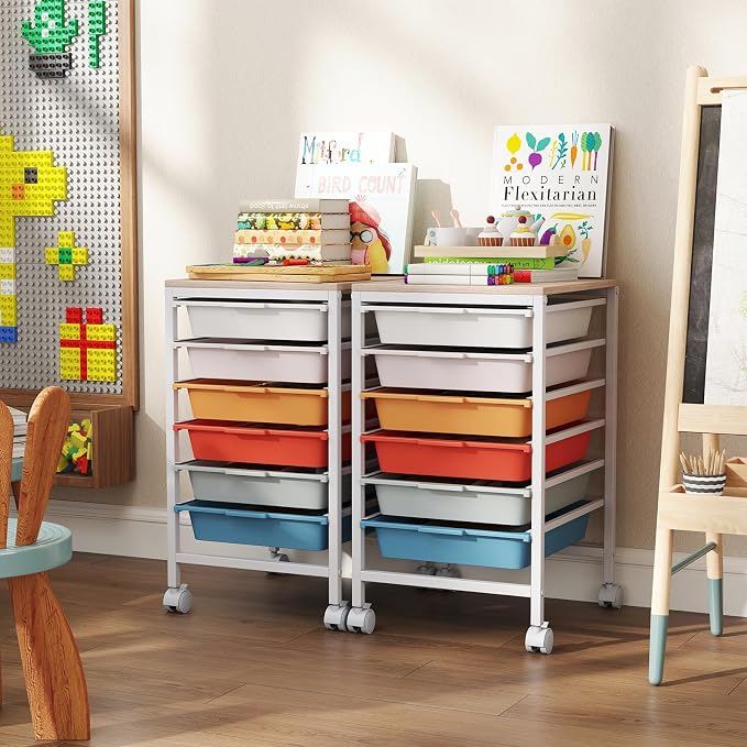 Giantex Rolling Storage Cart with 6 Drawers, Utility Cart w/Wooden Tabletop, Lockable Wheels, Multipurpose Organizer for Art Craft Scrapbooks Paper, Drawer Carts for Dorm Classroom Office, Macaron - Image 4