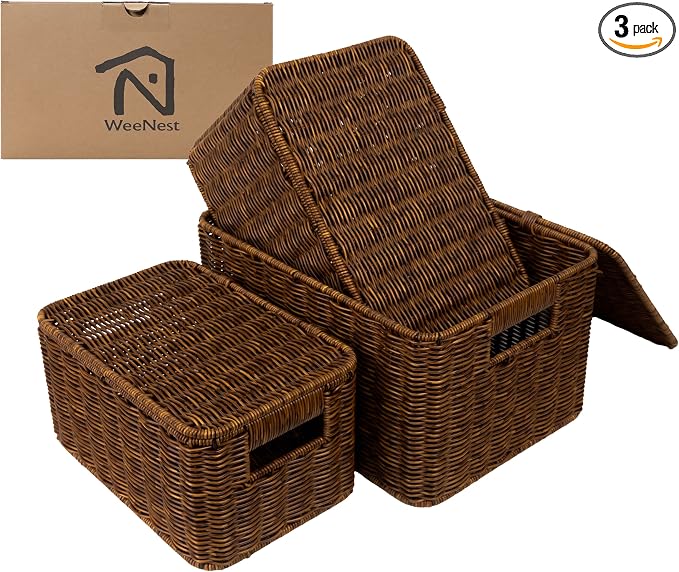 WeeNest Baskets with Handles, Wicker Storage, Shelf Boxes for Organizing, Stackable Woven Bins, Decorative Lidded Resin, Set of 3, Toffee by WeeNest