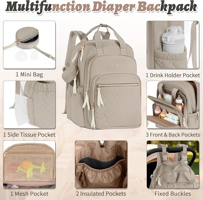 Diaper Bag Backpack, 27L Travel Quilted Baby Bags Unisex | with Changing Pad, Pacifier Bag, Stroller Straps Parents Essentials for Outdoor Trip Hospital & Daily Work, Brown - Image 2