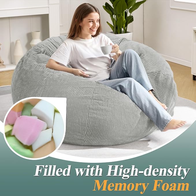 5FT Bean Bag Chair for Adults,Gaint Teardrop Beanbag with Filler | Beanbag Chair with Memory Foam Filled,Bean Bags with Handy Handle&Machine Washable Cover for Living Room,Bedroom-Light Grey - Image 4