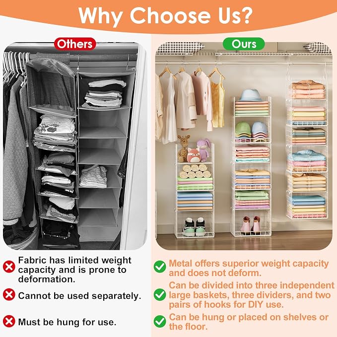 Yuyetuyo 6 Tier Raised-Height Hanging Closet Organizer, Stackable Sweater Organizer for Closet, Wire Storage Basket Bins for Clothes Purse Shoes, Hanging Shelves with 4 Hooks & 3 Dividers Adjustable - Image 8