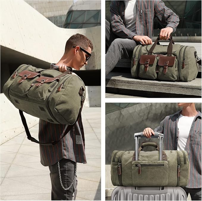 Wildroad Canvas Duffle Bag - 60L Expandable Weekender Overnight Travel Bag | Gifts for Men, Holiday Birthday Gift for Dad, Husband & Partner, Carry-on Size - Image 2