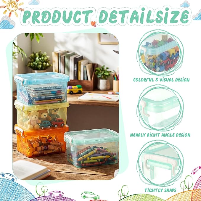 6 Pack Colorful Plastic Storage Bins with Lids 4 Quart Small Storage Latch Box Stackable and Nestable Clear Organizer Bins with Latching Handle and Buckle for Organizing (Pastel) - Image 3