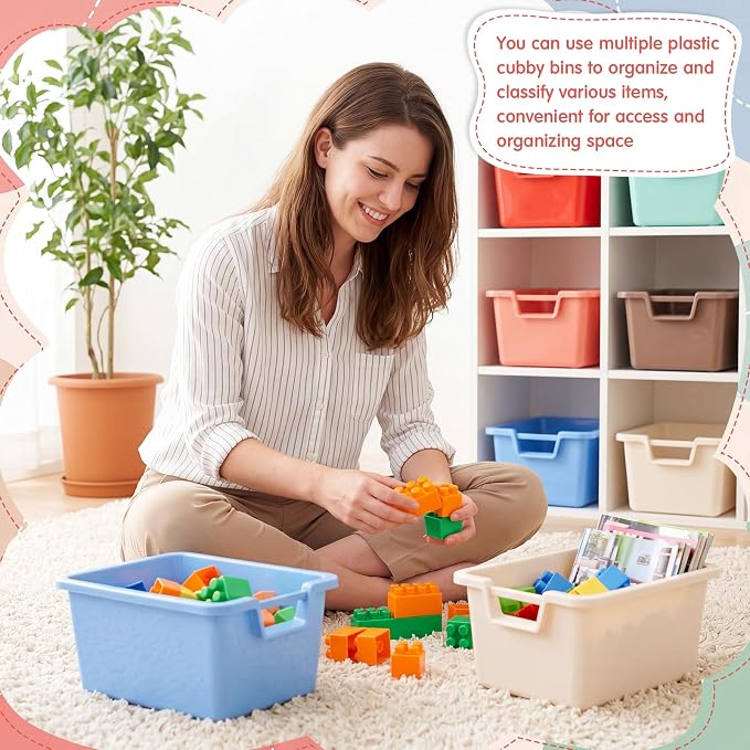 Thyle 18 Pieces Plastic Cubby Bins with Labels 11.6 x 7.7 x 5 Inch Classroom Book Bins Stacking Storage Container Organizer Storage Cubbies for Classroom Office (Morandi Color2) - Image 5