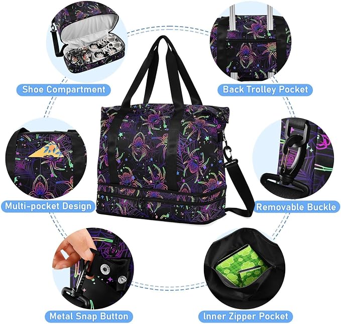MNSRUU Travel Duffel Tote Bag Multi-colored Spiders Sports Duffel Bag with Wet Pocket Weekender Overnight Bag for Women Men Gym Bag, Carry On Bag Hospital Bag for Labor and Delivery - Image 4