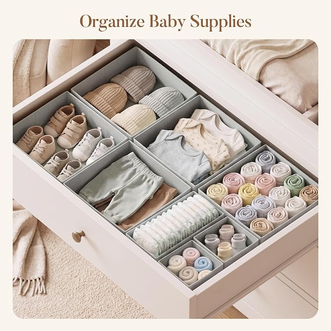 Drawer Organizer Clothes 10 Pack Washable Fabric Closet Storage Bins Flat Bottom Board Dresser Dividers for Bedroom Wardrobe Nursery Clothes Socks Underwear Bins, Grey - Image 3