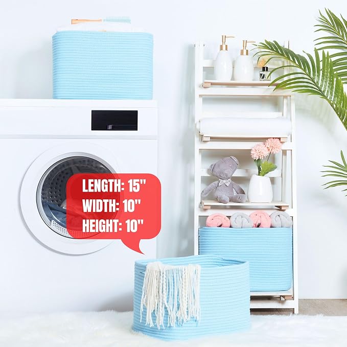 3-Pack Decorative Woven Storage Baskets for Shelves, Cube Bin Box for Organizing Books, Shoes, Dog Toys, Pantry Closet and Living Room Organizer, Sky Blue - Image 6