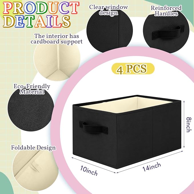 Yinder 4 Pcs Cube Storage Bin Black 14''x10''x8'' Storage Bins for Kids Classroom Decor Colorful Bins Foldable Baskets for Playroom Nursery Organizer Fabric Boxes - Image 2