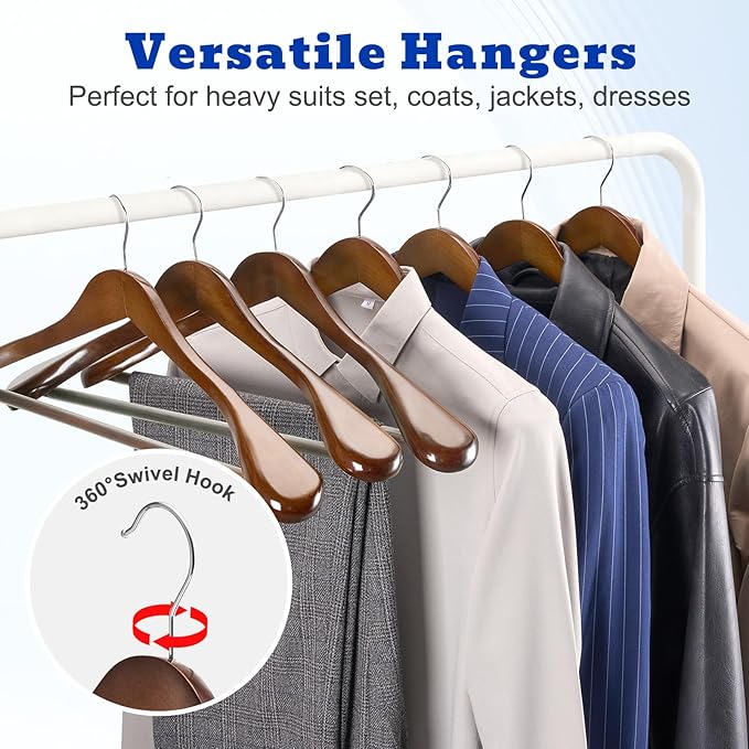 HOUSE DAY Wide Shoulder Wooden Hangers 12 Pack, Wood Suit Hangers for Men with Non Slip Pants Bar, Smooth Finish Solid Wood Coat Hanger for Jacket, Pants, Dress, Heavy Clothes Hanger (Walnut) - Image 6