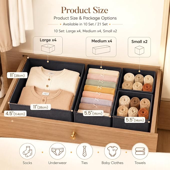 Drawer Organizer Clothes 10 Pack Washable Fabric Closet Storage Bins Flat Bottom Board Dresser Dividers for Bedroom Wardrobe Nursery Clothes Socks Underwear Bins, Black - Image 2