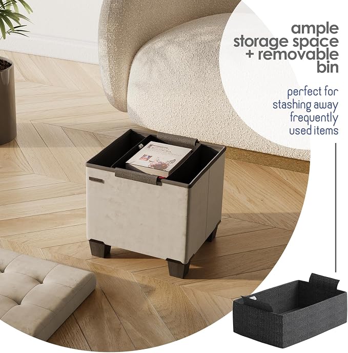 Storage Ottoman Cube with Small Bin, 15-in Square Ottoman with Storage for Living Room and Bedroom, Small Ottomans Foot Rest, Velvet Foot Stools Ottomans Max 330lbs, Beige - Image 3