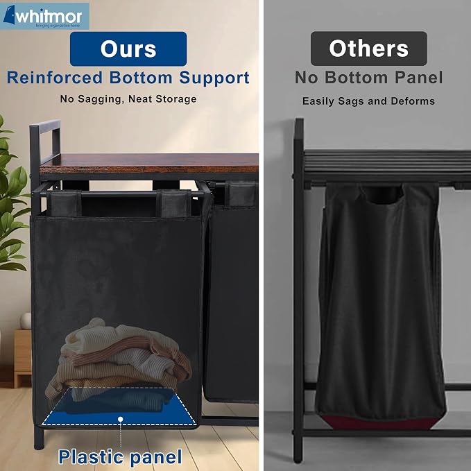 Whitmor Laundry Sorter, 92L Laundry Hamper with Shelf & 2 Removable Bags, 2 x 12.1 Gallons (46L), 28.8 x 13 x 28.4 Inches, Dirty Clothes Hamper Organizer for Laundry Room, Bathroom, Dorm, Black - Image 7