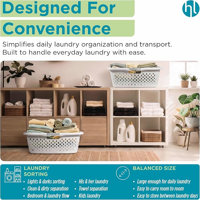Home Logic 1.5 Bushel Plastic Laundry Basket Front Load, Large Laundry Hamper with Handles, Ventilated Clothes Organizer for Bedroom Bathroom Closet, 4 Pack, White - Image 4