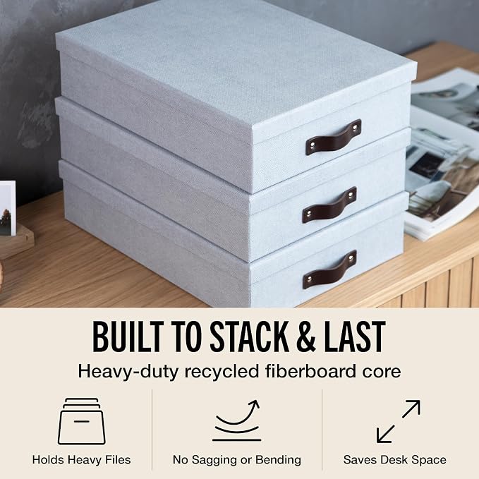 Bigso Oskar Canvas Fiberboard Document Letter Box - File Organizer Box for Important Paperwork - Document Storage with a Lid & Leather Handle - 3.3 in x 10.2 in x 13.8 in - 3 Pack - Ash - Image 3
