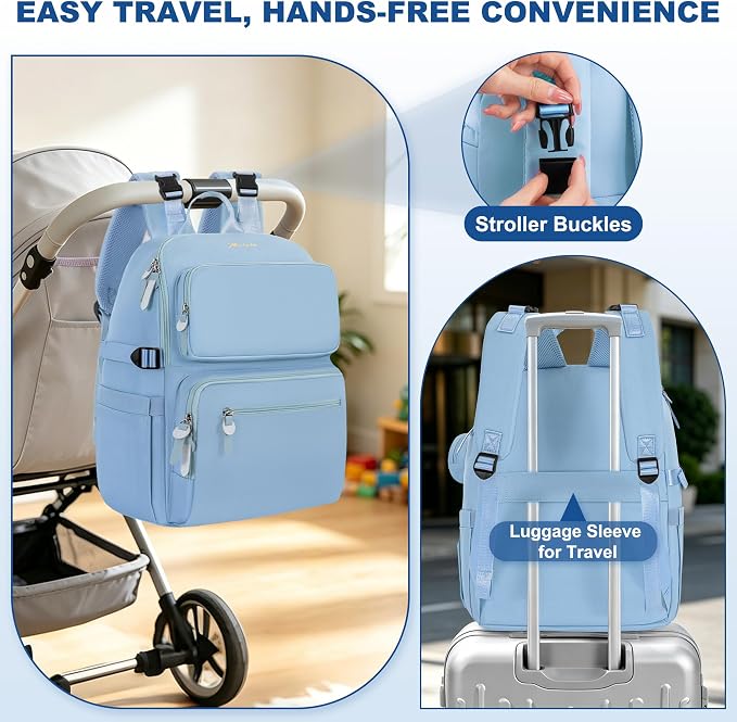 IBVIVIC Diaper Bag Backpack with Portable Changing Pad, Light Blue | Multifunctional Baby Bag for Mom Dad, Large Capacity, Stroller Straps, Insulated Bottle Pockets & Pacifier Case - Image 7
