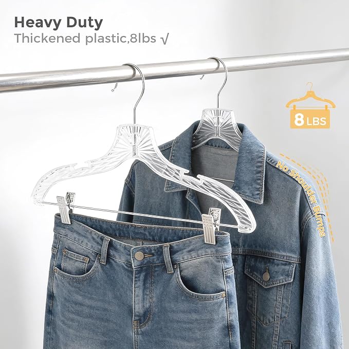 HOUSE DAY Clear Hangers with Clips 12 Pack, Set Hanger for Tops and Bottoms | Clear Clothes Hangers with Adjustable Clips, Shoulder Notches and Swivel Hook for Pants, Skirts, Dresses and Tops - Image 4