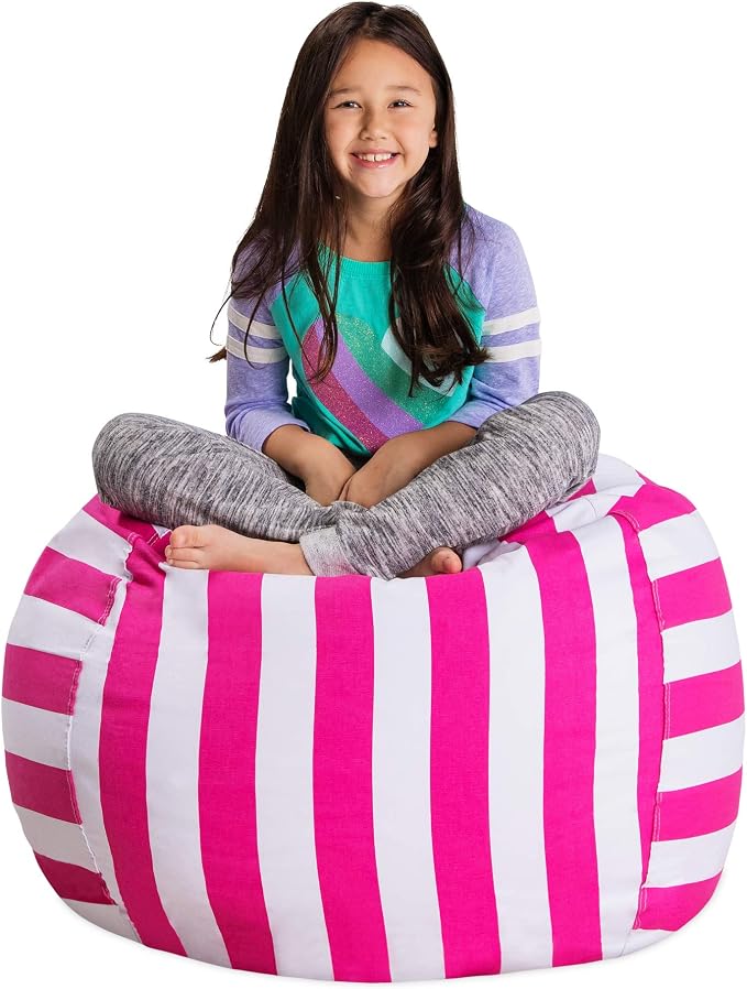 Posh Stuffable Kids Stuffed Animal Storage Bean Bag Chair Cover - Childrens Toy Organizer, Large 38" - Canvas Stripes Pink and White by PoshCreations