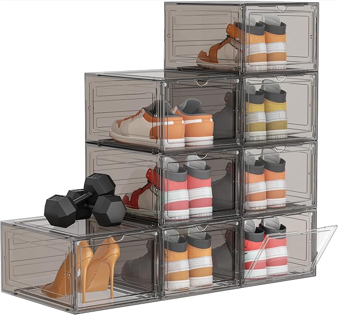 HOMIDEC Shoe Storage, 8 Pack Shoe Organizer Clear Hard Plastic Shoe Box | Shoe Boxes Clear Plastic Stackable, Shoe Storage Box with Lids for Size 13, Clear Smoke by DecorateYourHome